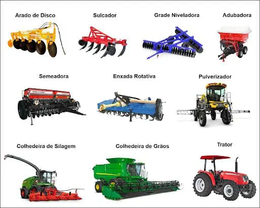 uma compilação visual de dez tipos essenciais de máquinas e implementos agrícolas, cada um com seu respectivo