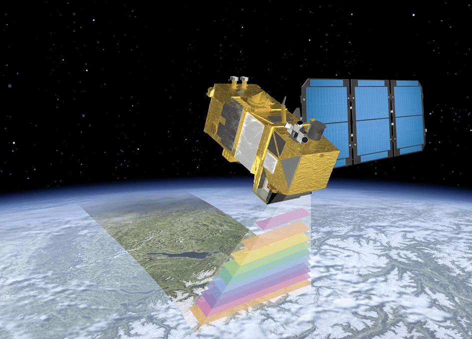 Esta imagem é uma representação gráfica de um satélite de sensoriamento remoto orbitando o planeta Terra. O satélite, com cor