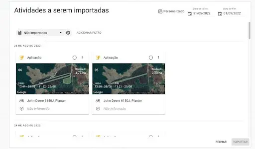a tela ‘Atividades a serem importadas’ de um software de gestão agrícola, como o Aegro. Esta interface permite