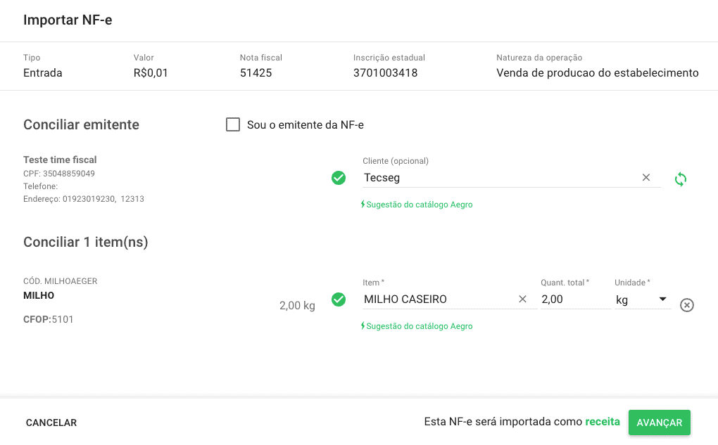 a tela de importação de Nota Fiscal Eletrônica (NF-e) do software de gestão agrícola Aegro. O processo demonst