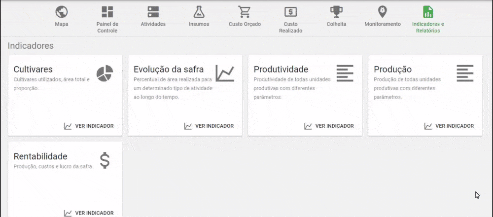 GIF que exibe a tela de ‘Indicadores e Relatórios’ do software de gestão agrícola Aegro. O menu superior mostra
