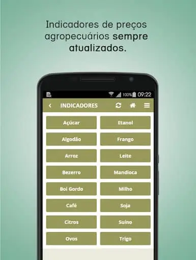 a tela de um smartphone com um aplicativo de gestão agrícola aberto na funcionalidade ‘Indicadores’. O fundo é