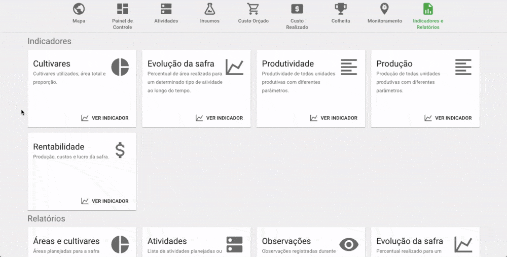 GIF que exibe a tela de ‘Indicadores e Relatórios’ do software de gestão agrícola Aegro. A interface apresenta