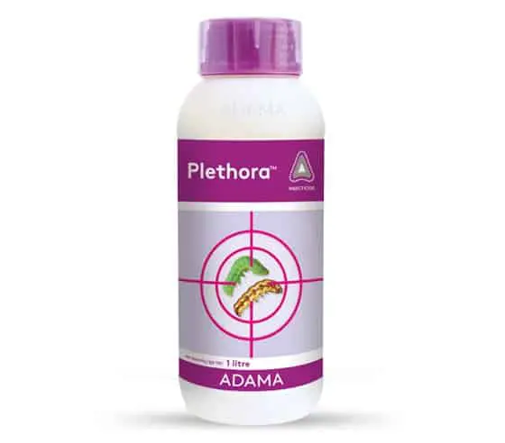 uma embalagem de 1 litro do inseticida ‘Plethora’, da marca ADAMA, contra um fundo branco e neutro. O frasco é
