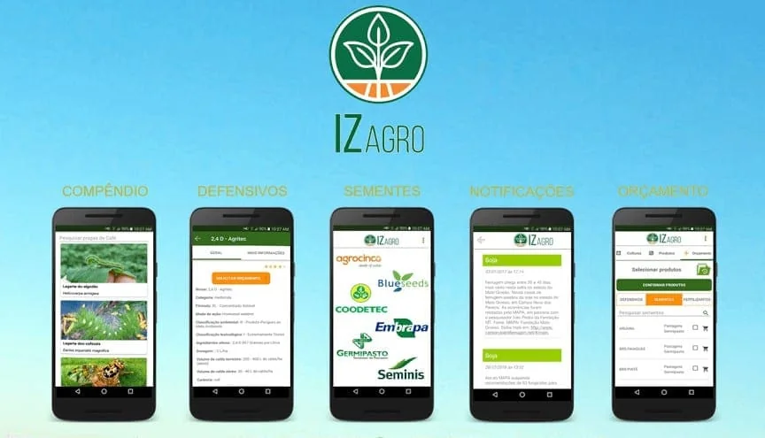 material promocional para o aplicativo móvel ‘IZAGRO’, projetado para o setor agrícola. No topo, o logotipo e o