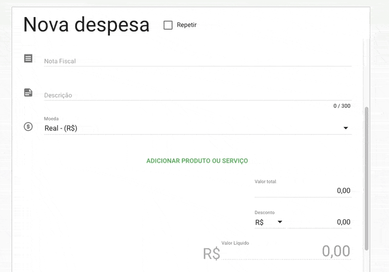 GIF que demonstra a interface de ‘Nova despesa’ dentro de um software de gestão, provavelmente o Aegro. A anima