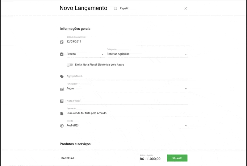 a tela de ‘Novo Lançamento’ do software de gestão agrícola Aegro, especificamente um formulário para registrar