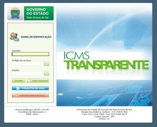 a tela de login do portal ‘ICMS Transparente’ do Governo do Estado de Mato Grosso do Sul. À esquerda, um paine