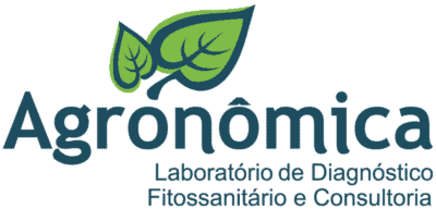 o logotipo da empresa ‘Agronômica’. O design é composto por um ícone de duas folhas verdes estilizadas, com co