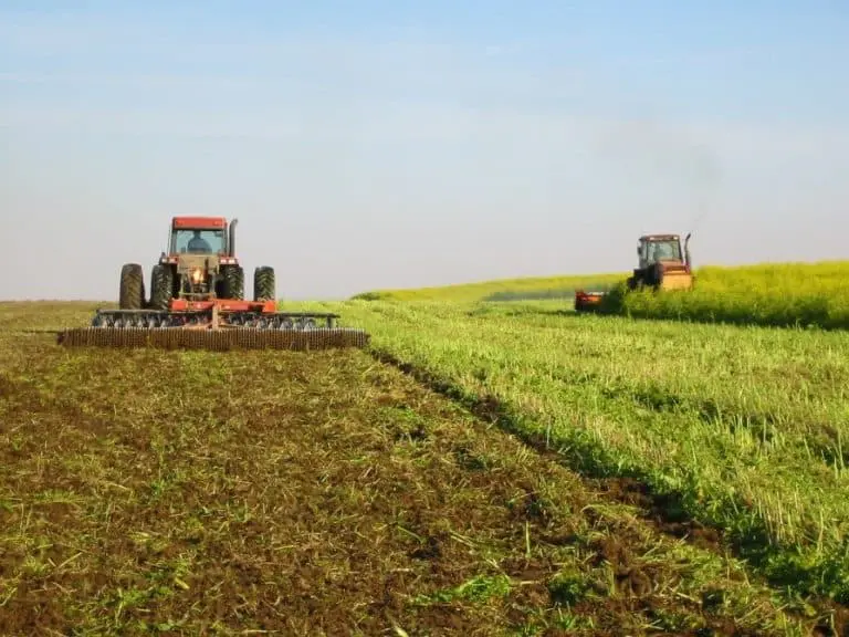 uma operação agrícola em um campo aberto sob um céu limpo. Em primeiro plano, um trator vermelho de grande por