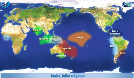 mapa-múndi com a representação de padrões climáticos globais para os meses de junho, julho e agosto, períod