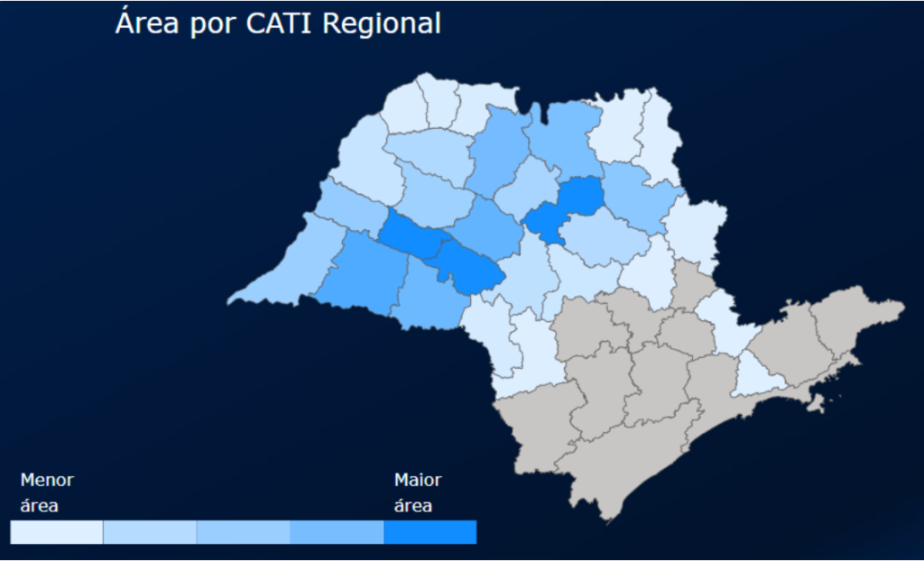 mapa coroplético do estado de São Paulo, com o título ‘Área por CATI Regional’. O mapa está dividido em reg