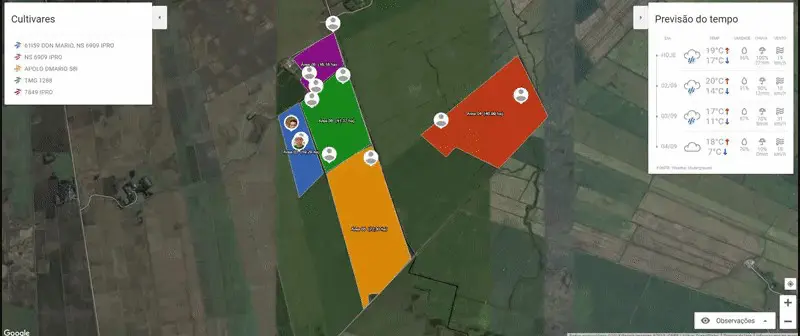 interface de um software de gestão agrícola, mostrando um mapa de satélite de uma fazenda com vários talhões