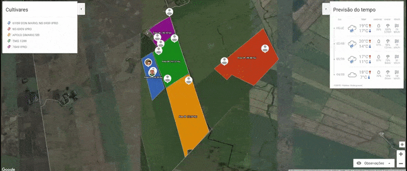 GIF que demonstra a interface de mapa do software de gestão agrícola Aegro. A tela principal exibe uma visão de