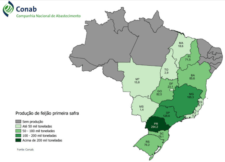 mapa do Brasil, elaborado pela Conab (Companhia Nacional de Abastecimento), que ilustra a produção de feijã