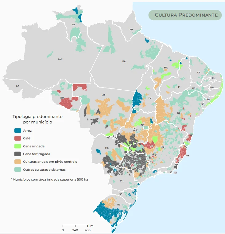 mapa infográfico do Brasil que detalha a ‘Cultura Predominante’ em termos de agricultura irrigada por munic