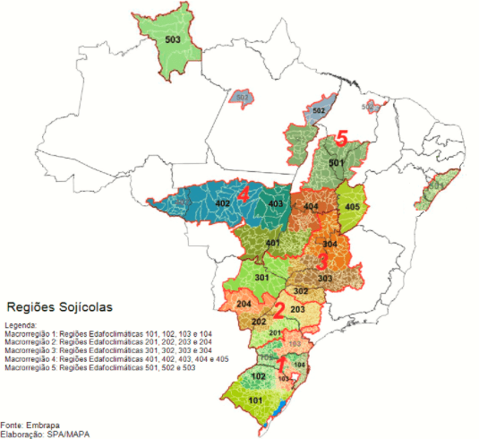 mapa do Brasil que detalha o zoneamento agrícola para o cultivo de soja, intitulado ‘Regiões Sojícolas’. De