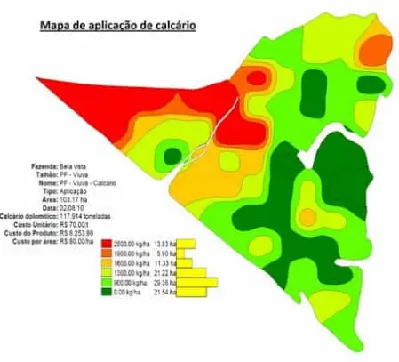 ‘Mapa de aplicação de calcário’, uma ferramenta da agricultura de precisão. Ele detalha a distribuição de c