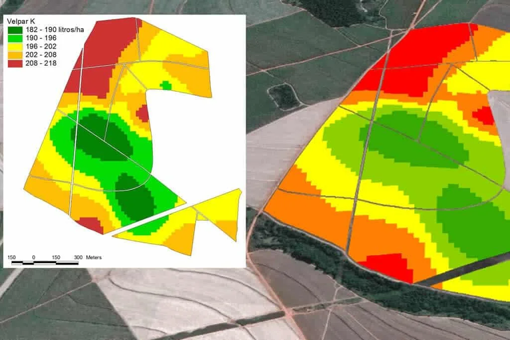 mapa de agricultura de precisão para aplicação de insumos em taxa variável, sobreposto a uma imagem de saté