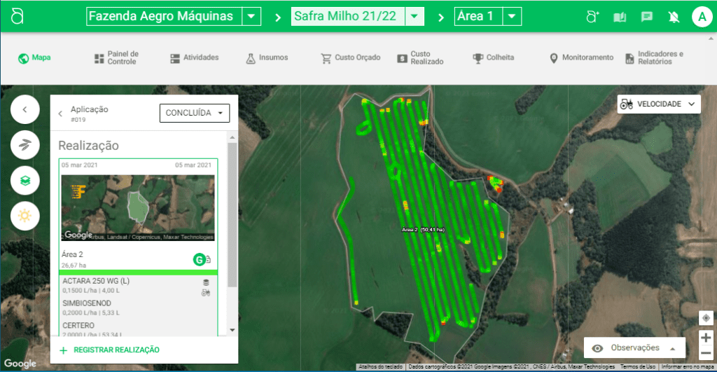 a interface do software de gestão agrícola Aegro, especificamente a tela de monitoramento de operações. No cen