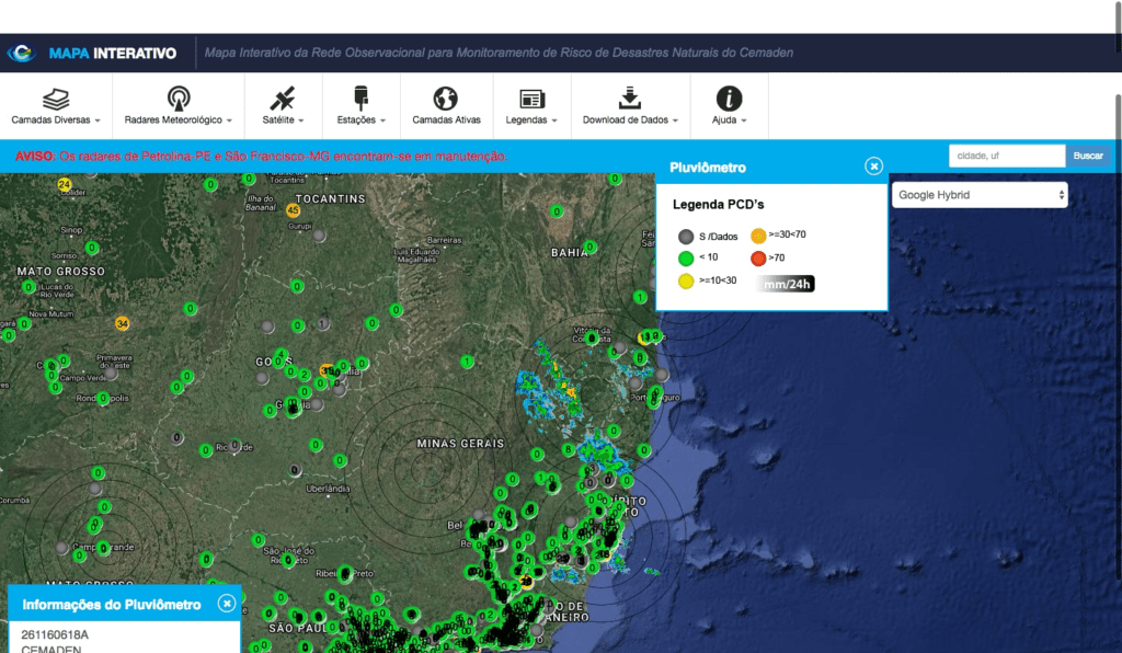 a interface do ‘Mapa Interativo’ do Cemaden (Centro Nacional de Monitoramento e Alertas de Desastres Naturais)