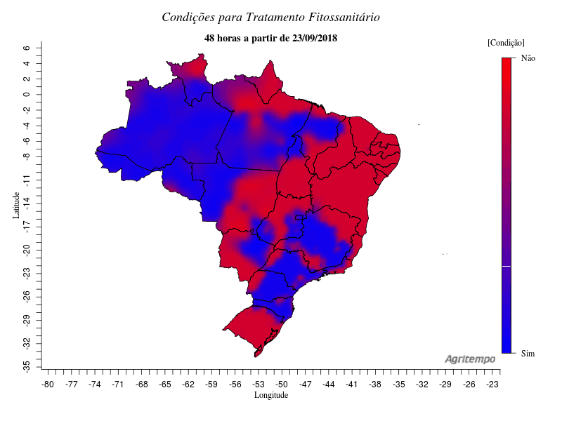 mapa do Brasil com um gradiente de cores que representa as condições para a realização de tratamentos fitos