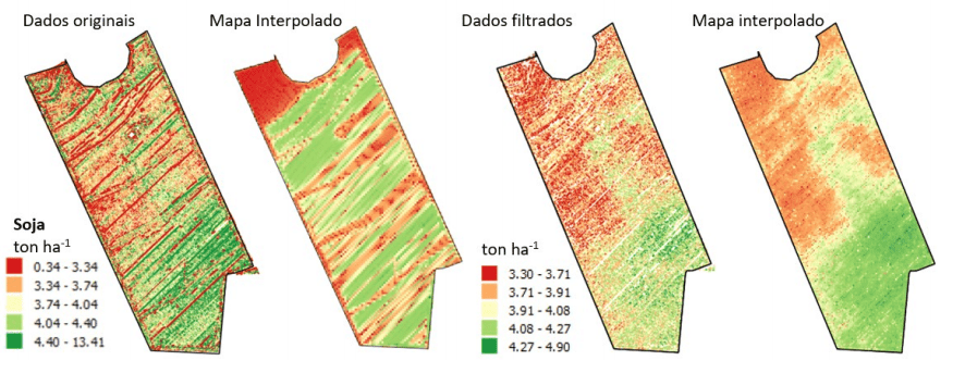 comparativo de quatro mapas de produtividade de uma lavoura de soja, ilustrando o processo de tratamento de