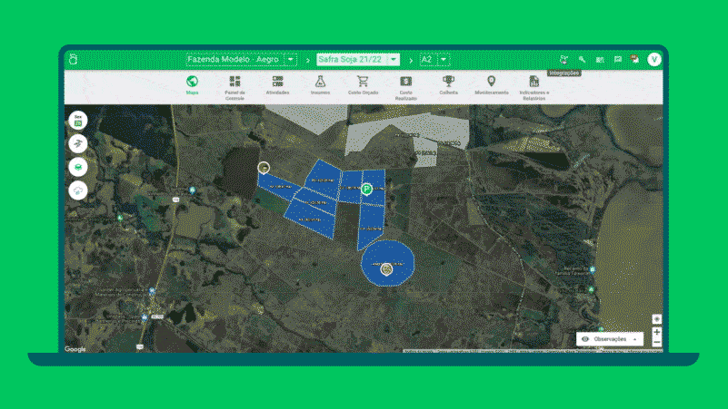 GIF que exibe a interface da funcionalidade de ‘Mapa’ do software de gestão agrícola Aegro, apresentada na tela