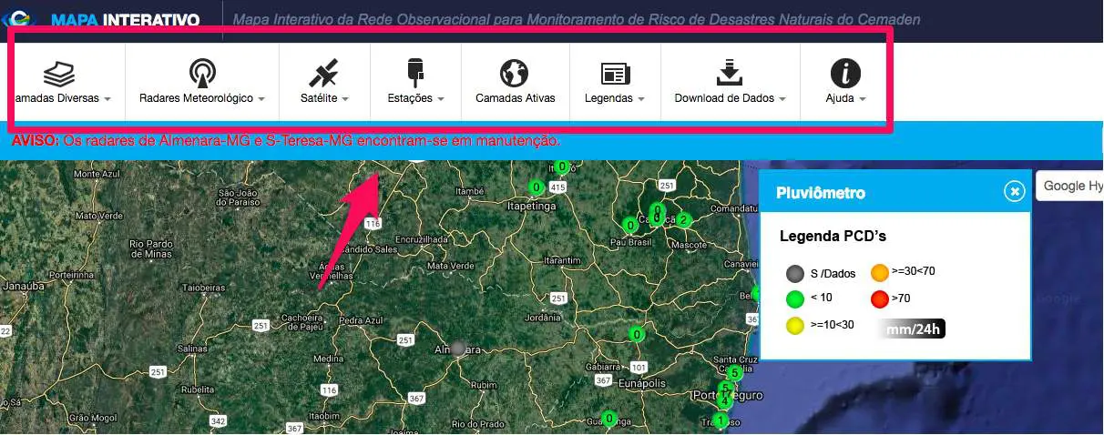 a interface do ‘Mapa Interativo da Rede Observacional para Monitoramento de Risco de Desastres Naturais’ do Ce