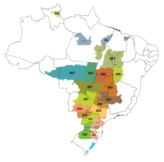 mapa do Brasil com destaque para diversas regiões agrícolas, coloridas e numeradas, que representam o Zonea