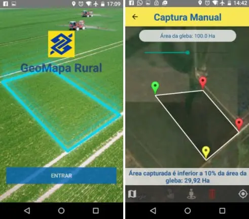 duas telas de um aplicativo móvel chamado ‘GeoMapa Rural’, associado ao Banco do Brasil. A primeira tela mostr