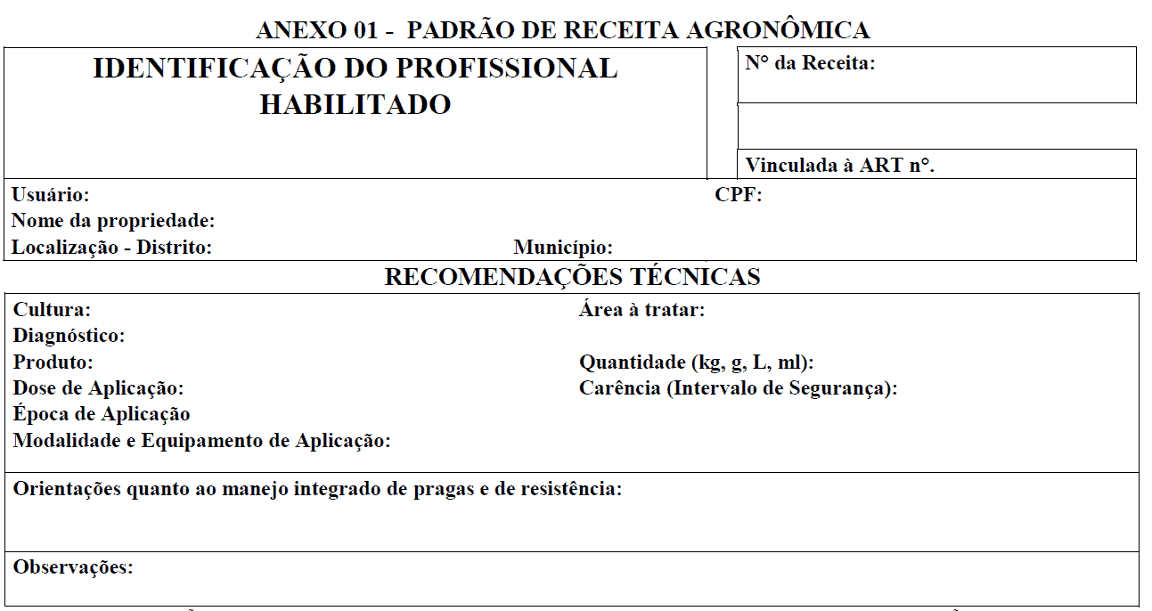 formulário em branco intitulado ‘ANEXO 01 - PADRÃO DE RECEITA AGRONÔMICA’. Este documento é um modelo padro