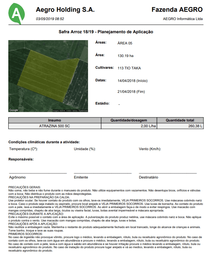 relatório detalhado de “Planejamento de Aplicação” gerado pelo software Aegro. O documento é referente à “S
