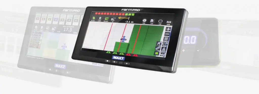 display de agricultura de precisão, o modelo MAX7 da marca FarmPRO, em destaque contra um fundo branco e li