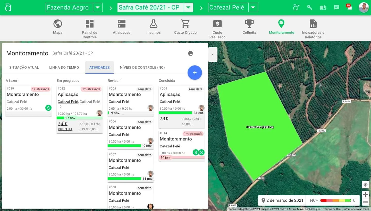a tela da funcionalidade de ‘Monitoramento’ do software de gestão agrícola Aegro. A interface é dividida em du