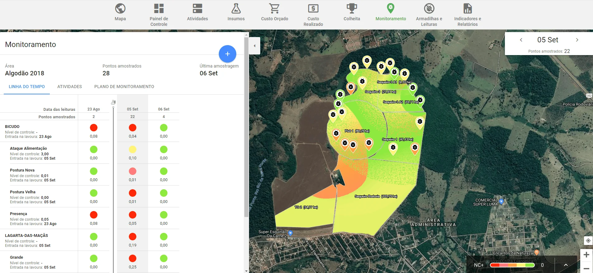 a tela de ‘Monitoramento’ de um software de gestão agrícola, provavelmente o Aegro. A interface é dividida em
