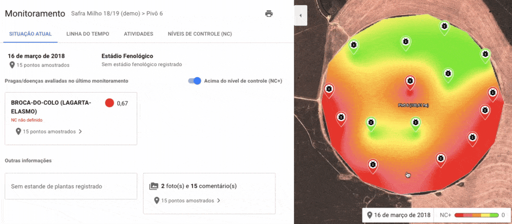 a interface de um software de gestão agrícola, especificamente a funcionalidade de monitoramento de pragas e d