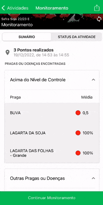 Este GIF animado exibe a tela de ‘Monitoramento’ do aplicativo móvel da Aegro. A imagem mostra o sumário de uma atividade de