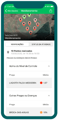 Tela do aplicativo Aegro em um smartphone, mostrando a funcionalidade de monitoramento de pragas para controle da lavoura.