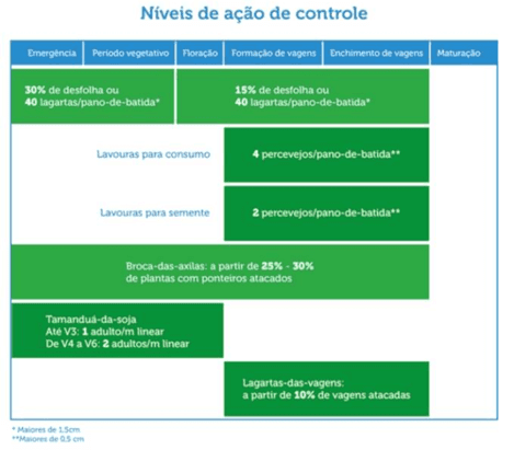 infográfico técnico intitulado ‘Níveis de ação de controle’, que funciona como um guia para o manejo de pragas