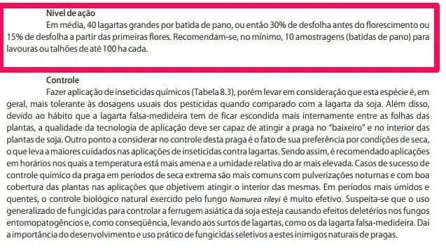 trecho de um manual técnico agrícola, focado no manejo de pragas, especificamente lagartas. O texto é divid