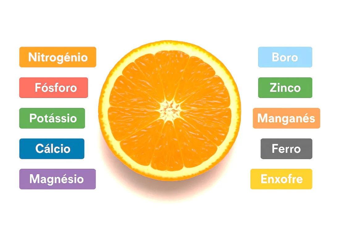 uma fatia de laranja vibrante e suculenta, posicionada centralmente sobre um fundo branco. Ao redor da fruta,