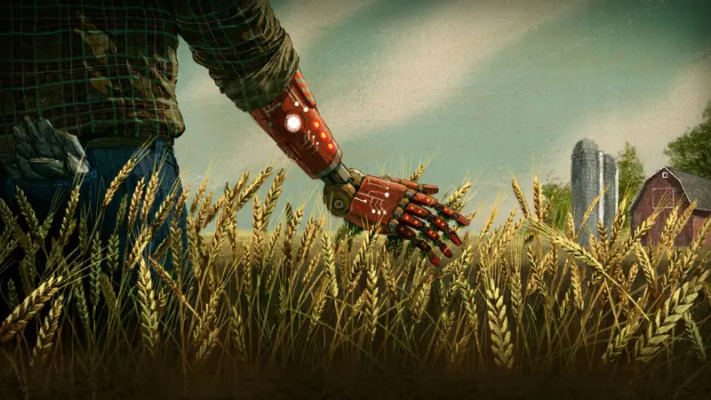 imagem retrata uma cena que mescla o tradicionalismo do campo com a tecnologia futurista. Em primeiro plano, vemos um agric