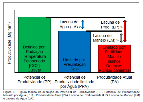 gráfico de barras teórico que ilustra os diferentes níveis de produtividade agrícola e os fatores que o