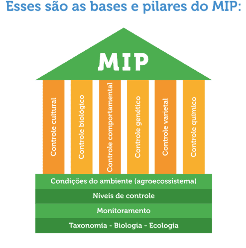 Este é um infográfico educacional que ilustra os componentes fundamentais do Manejo Integrado de Pragas (MIP). A imagem utili