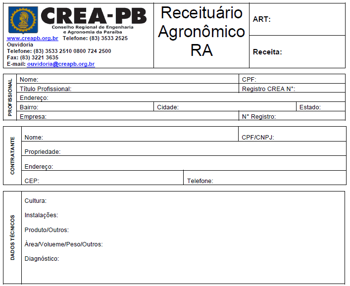 modelo de formulário de ‘Receituário Agronômico RA’, um documento oficial emitido pelo CREA-PB (Conselho Re