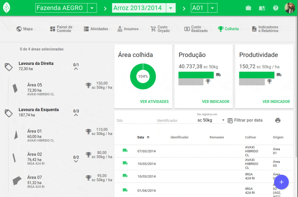 GIF que exibe a tela de ‘Colheita’ do software de gestão agrícola Aegro. A interface apresenta um painel de con