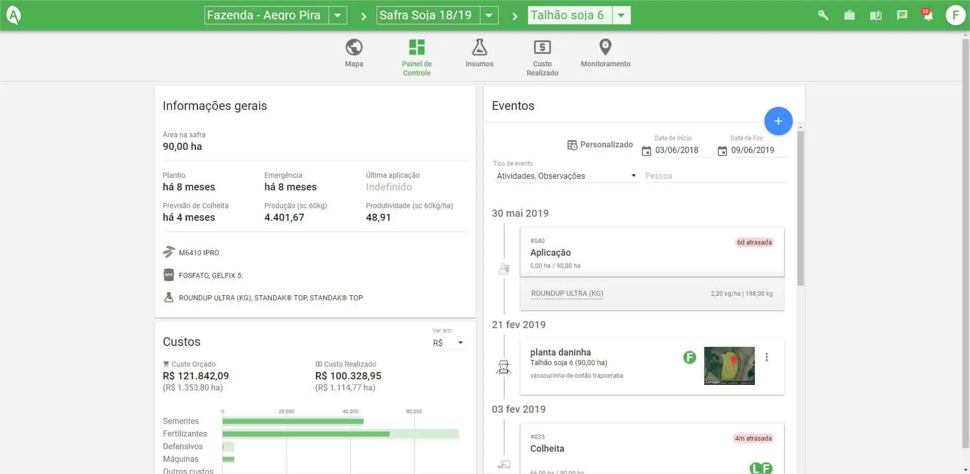 ‘Painel de Controle’ do software de gestão agrícola Aegro, focado em um talhão específico de soja da safra 1