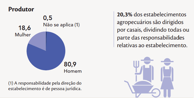 infográfico que apresenta dados estatísticos sobre o perfil de gênero dos produtores rurais. À esquerda, um grá