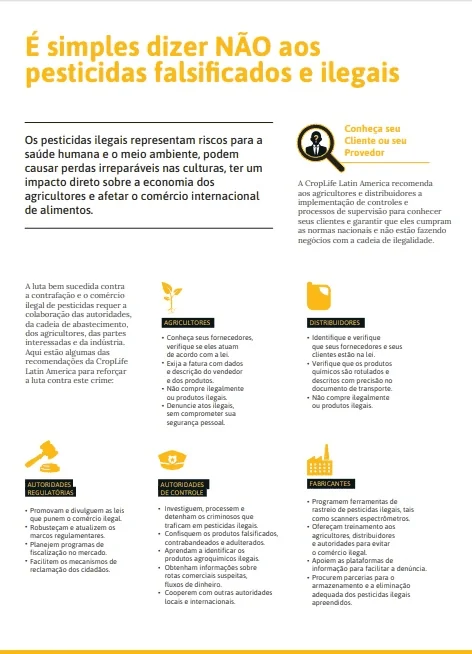 Este infográfico informativo, em português, aborda a questão dos pesticidas falsificados e ilegais na agricultura. Com o títu